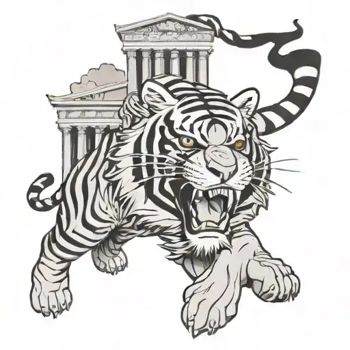 A fierce LSU Tiger standing proudly in front of a Greek temple, representing strength and loyalty in both sports and mythology tattoo design idea