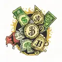 the word hustler with money sign and moneybags around it  tattoo design idea