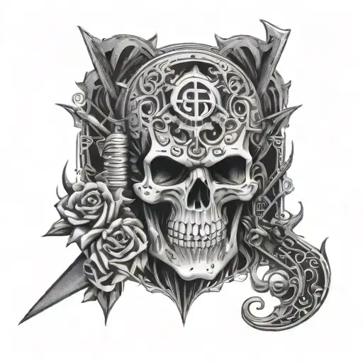 Totenkopf mit Gitarre und 666 symbols incorporated tattoo design idea