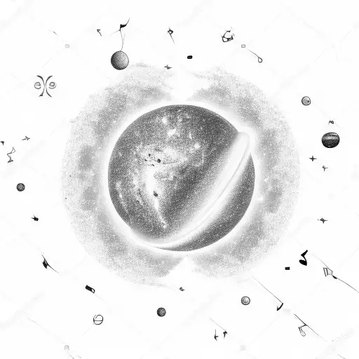 planet with galaxy background. include music notes, angel wings, and e=mc2 tattoo design idea