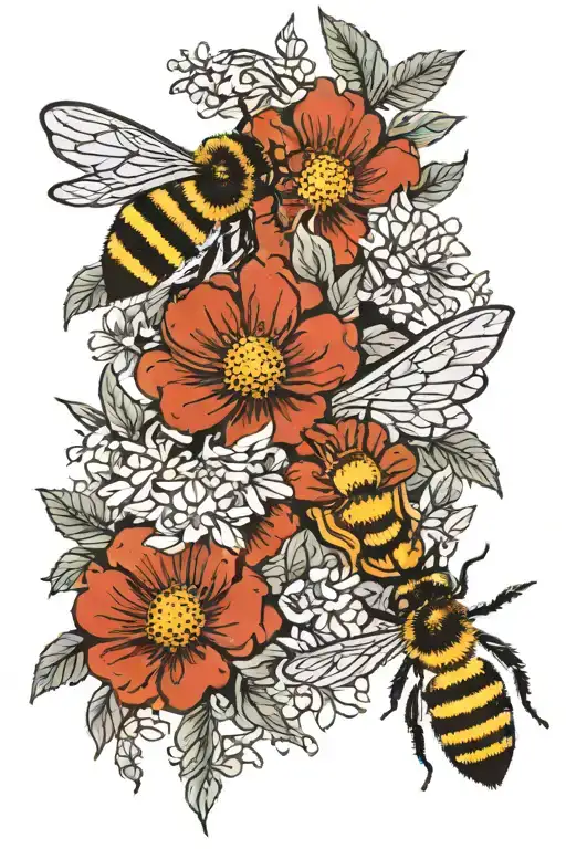wild flowers and honey bees flying tattoo design idea