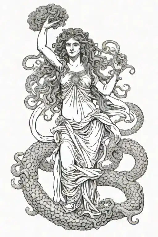 Medusa with the head of Perseo in her hand holding tattoo design idea