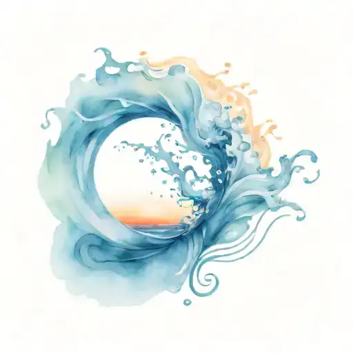 ocean sunrise surrounded by blue waves flowing tattoo design idea