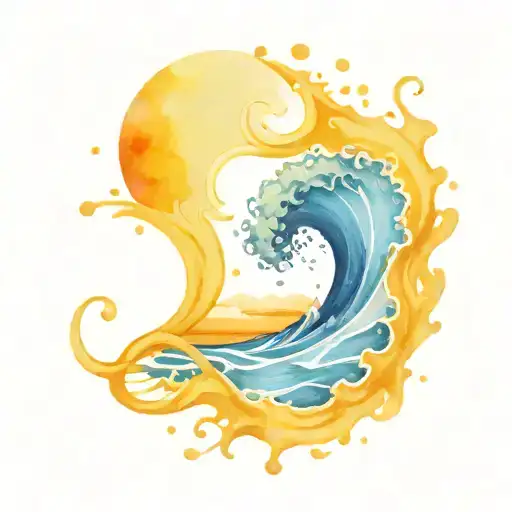 water splash and ocean sunrise with spiral blue waves  tattoo design idea