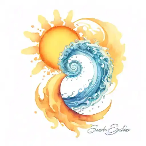 water splash and ocean sunrise with spiral blue waves  tattoo design idea