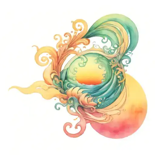 ocean sunrise surrounded by spiral blue green waves tattoo design idea