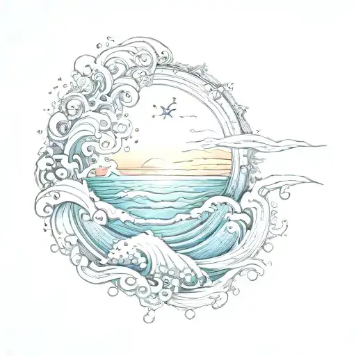 water splash and ocean sunrise include "Believe" tattoo design idea