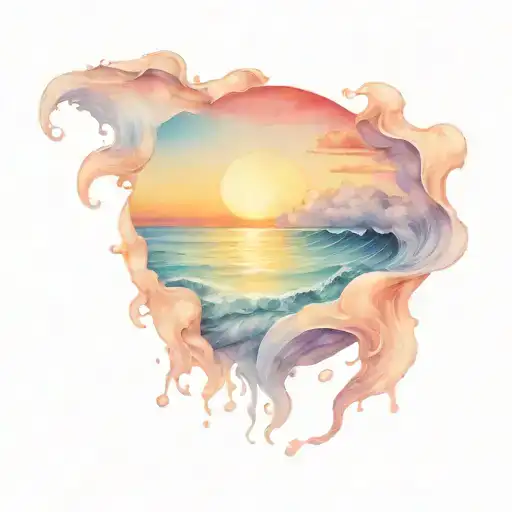 ocean sunrise surrounded by blue waves forming the shape tattoo design idea