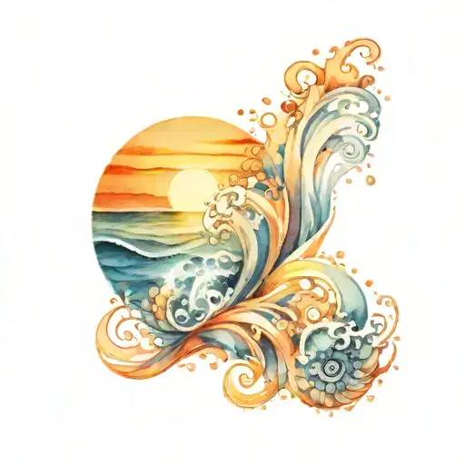 water splash and ocean sunrise with spiral blue waves  tattoo design idea