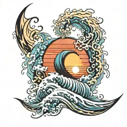 ocean sunrise surrounded by spiral waves  tattoo design idea
