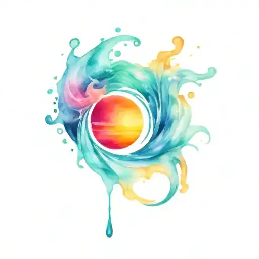 water splash and ocean sunrise with spiral blue waves  tattoo design idea
