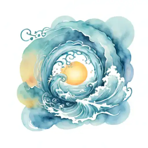 ocean sunrise surrounded by spiral blue waves  tattoo design idea