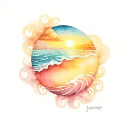 ocean sunrise surrounded by spiral waves  tattoo design idea