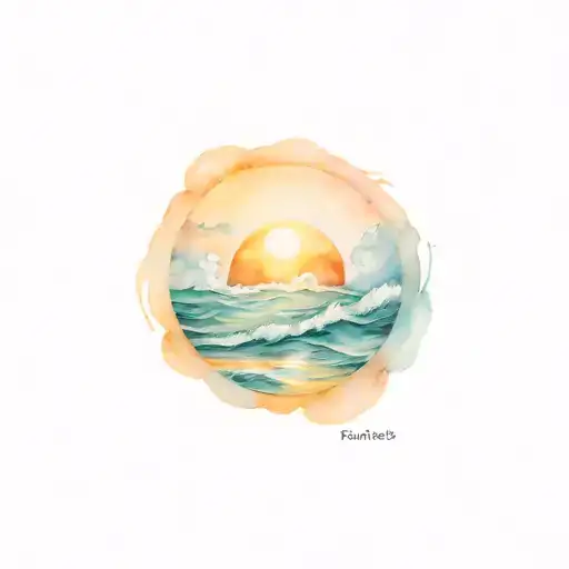 ocean sunrise surrounded by blue waves crashing in the background tattoo design idea