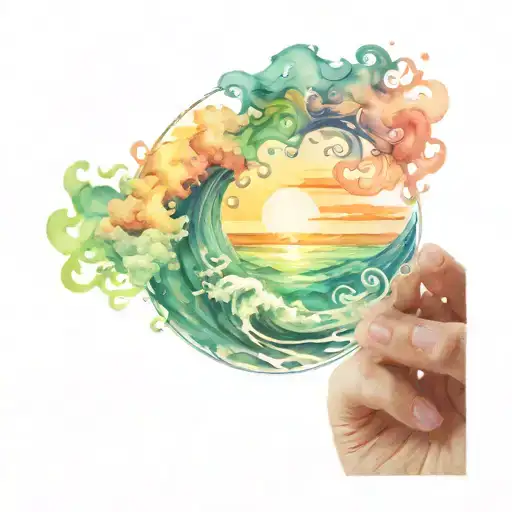 ocean sunrise surrounded by spiral blue green waves tattoo design idea