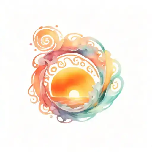 ocean sunrise surrounded by spiral waves  tattoo design idea