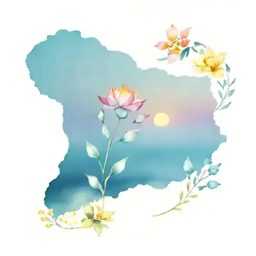 ocean sunrise surrounded by flowers tattoo design idea