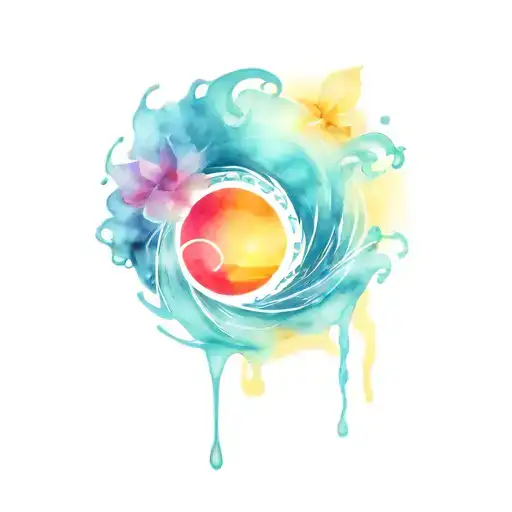 water splash and ocean sunrise with spiral blue waves  tattoo design idea