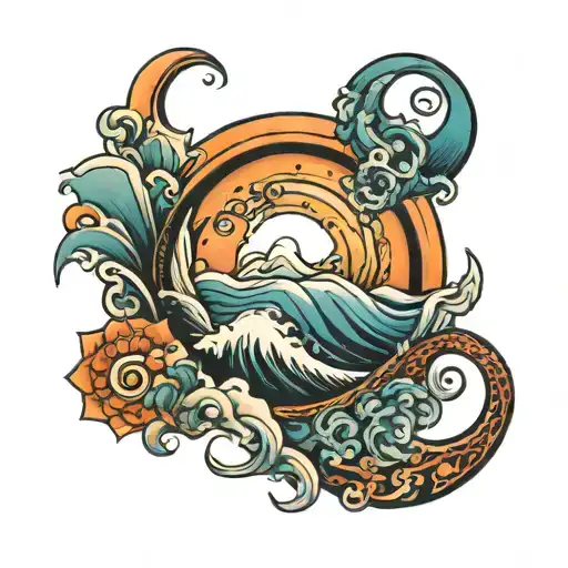 spiral waves surrounding ocean sunrise  tattoo design idea