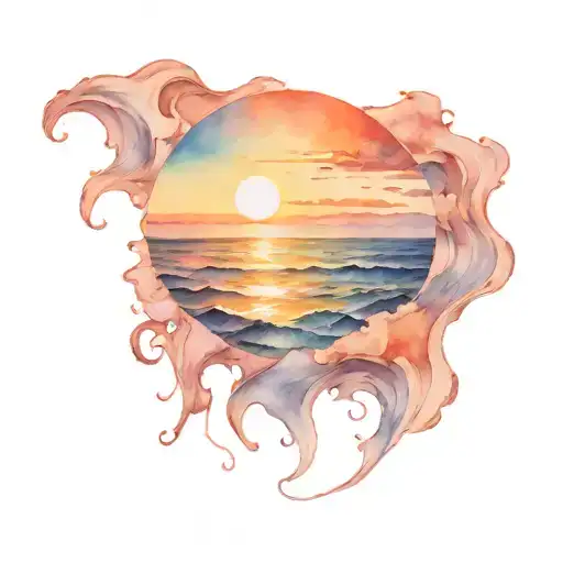 ocean sunrise surrounded by blue waves forming the shape tattoo design idea