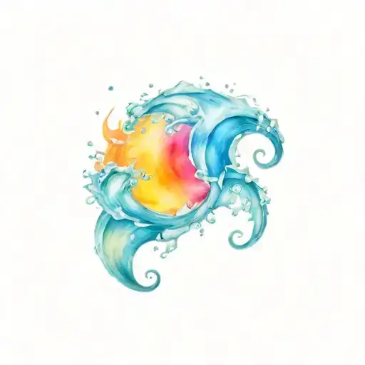 water splash and ocean sunrise with spiral blue waves  tattoo design idea