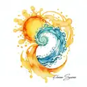 water splash and ocean sunrise with spiral blue waves  tattoo design idea