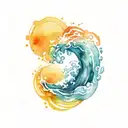 water splash and ocean sunrise with spiral blue waves  tattoo design idea