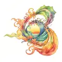 ocean sunrise surrounded by spiral blue green waves tattoo design idea