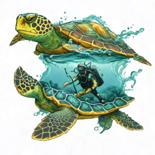 Diver, ocean, turtle tattoo design idea