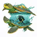 Diver, ocean, turtle tattoo design idea