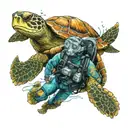 Diver, ocean, turtle tattoo design idea