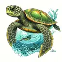 Diver, ocean, turtle tattoo design idea