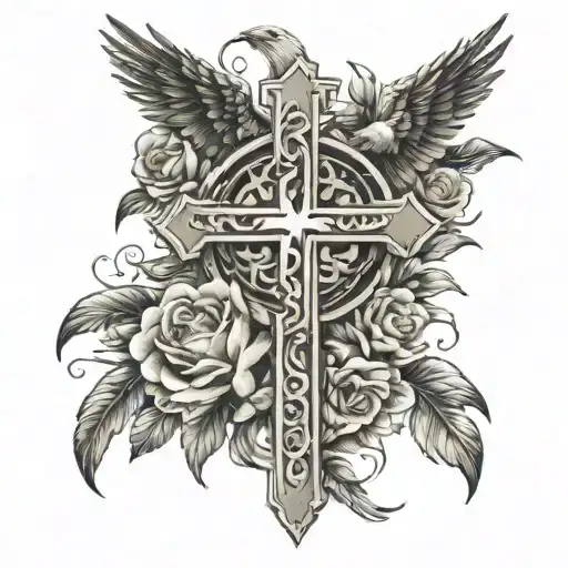 Tattoo sketch for the whole arm, which contains a cross, an angel prays, an inscription, a wreath, birds and flowers  tattoo design idea