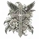 Tattoo sketch for the whole arm, which contains a cross, an angel prays, an inscription, a wreath, birds and flowers  tattoo design idea