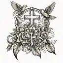 Tattoo sketch for the whole arm, which contains a cross, an angel prays, an inscription, a wreath, birds and flowers  tattoo design idea