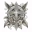 Tattoo sketch for the whole arm, which contains a cross, an angel prays, an inscription, a wreath, birds and flowers  tattoo design idea