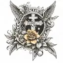 Tattoo sketch for the whole arm, which contains a cross, an angel prays, an inscription, a wreath, birds and flowers  tattoo design idea