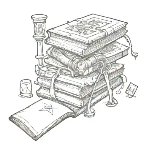 A stack of books with tarot cards scattered around them tattoo design idea