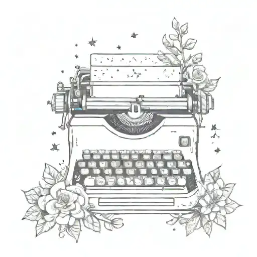 A sketch of a typewriter surrounded by a wreath of flowers and stars tattoo design idea