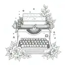 A sketch of a typewriter surrounded by a wreath of flowers and stars tattoo design idea