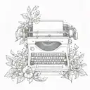 A sketch of a typewriter surrounded by a wreath of flowers and stars tattoo design idea