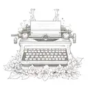 A sketch of a typewriter surrounded by a wreath of flowers and stars tattoo design idea