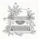 A sketch of a typewriter surrounded by a wreath of flowers and stars tattoo design idea