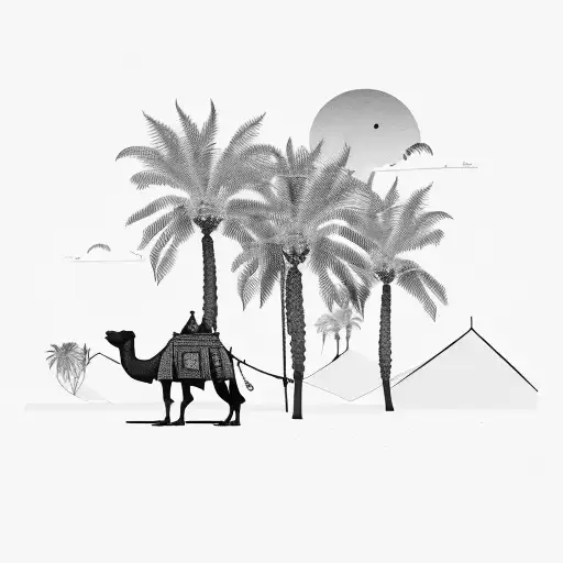 A silhouette of a camel caravan traversing the desert with palm trees in the background. The year "MMXVII" tattoo design idea