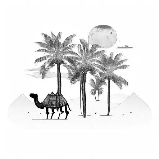 A silhouette of a camel caravan traversing the desert with palm trees in the background tattoo design idea