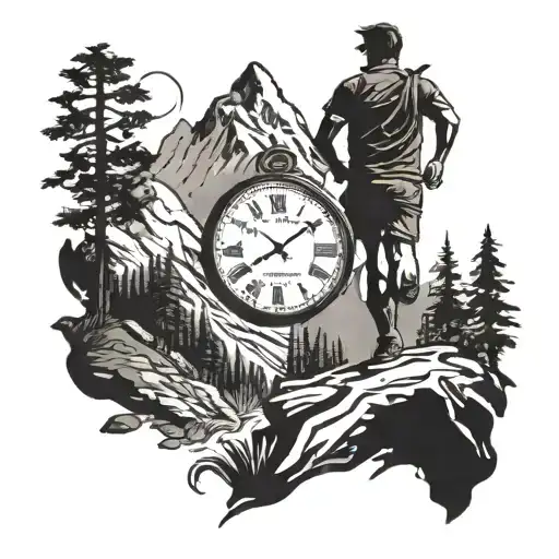 A silhouette of a runner on a mountain trail with a clock at the end of the trail tattoo design idea