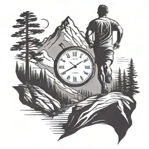 A silhouette of a runner on a mountain trail with a clock at the end of the trail tattoo design idea