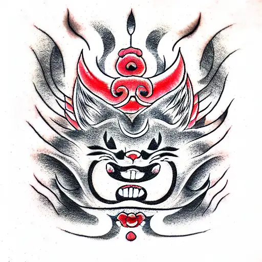  red fluffy cat demon smile jump tattoo design idea