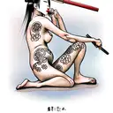  full length long legged nude girl in japanese style with a hammer tattoo design idea