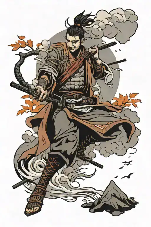 Sekiro inspired tattoo in traditional japanese style  with wind bars and clouds in an autumn theme tattoo design idea